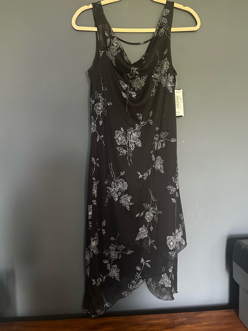 Black Floral Asymmetrical Cowl Neck Dress